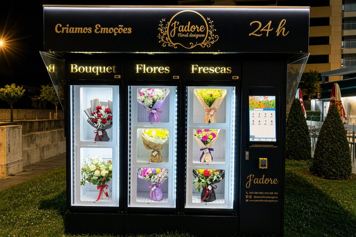 Máquina de flores J’Adore com bouquets expostos em compartimentos refrigerados, disponível 24 horas, na Póvoa de Varzim